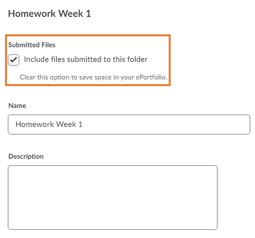 Example of assignment submission to be added to the ePortfolio with option to add submission file as well